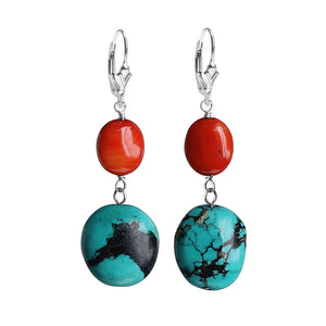 Sassy Genuine Turquoise and Coral Sterling Silver Earrings