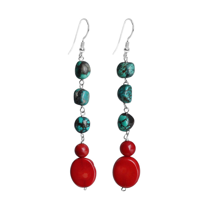 Fabulous Turquoise and Coral Sterling Silver Long Drop Earrings