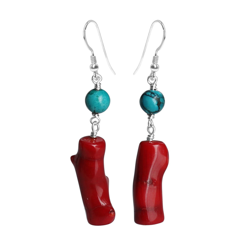 Bold Branch Coral and Turquoise Sterling Silver Earrings