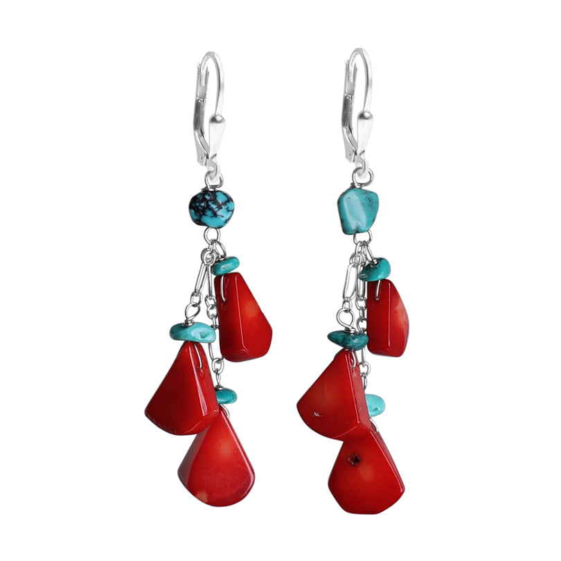 Gorgeous Coral and Genuine Turquoise Sterling Silver Statement Earrings