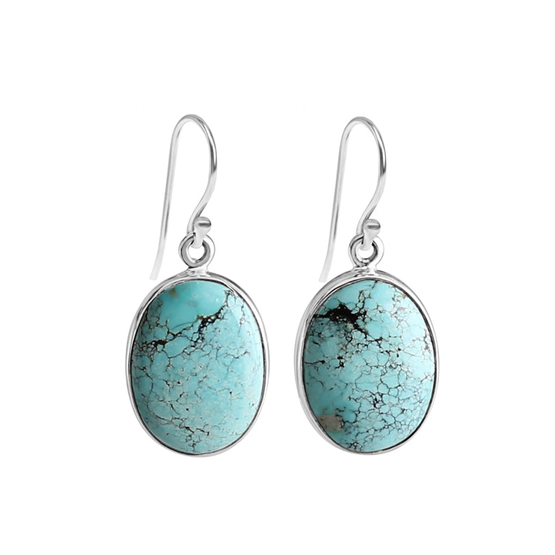 Natural Sky Blue Turquoise Large Oval Stone Sterling Silver Statement Earrings