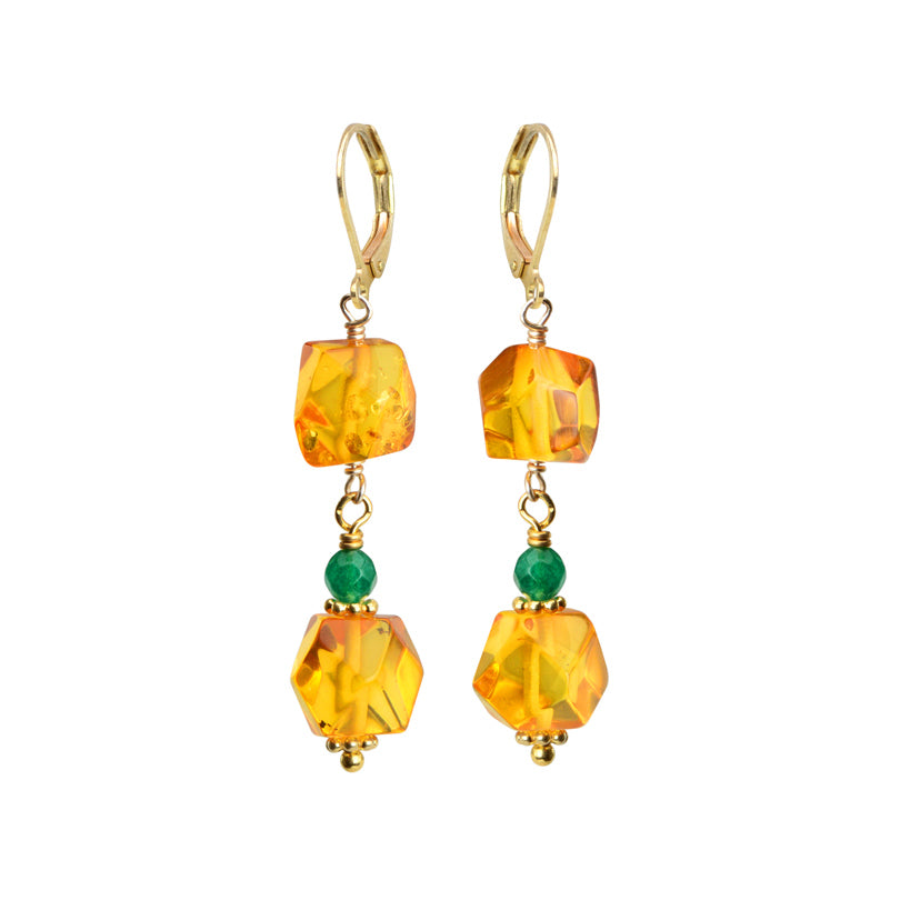Beautiful Faceted Cognac Baltic Amber and Green Onyx Gold Filled Earrings