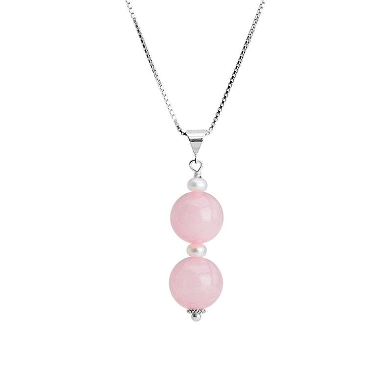 Rose Quartz and Fresh Water Pearl Sterling Silver Necklace 16