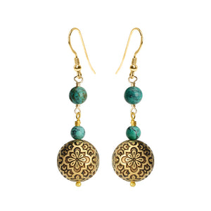Vintage Design Brass Tone Spheres with Turquoise and Gold Filled Hook Earrings