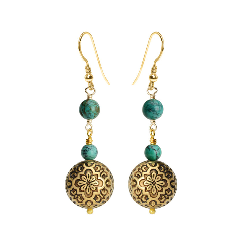 Vintage Design Brass Tone Spheres with Turquoise and Gold Filled Hook Earrings