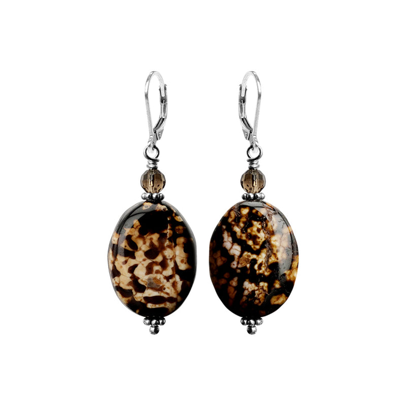 Leopard Print Agate and Smoky Quartz Sterling Silver Earrings