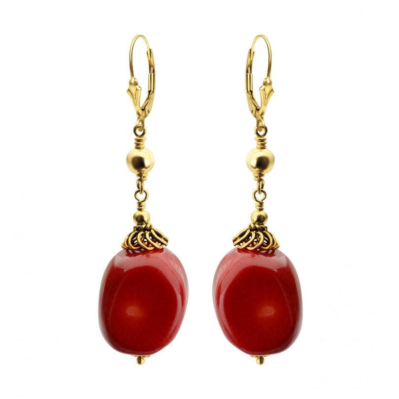 Rich Red Coral French Style Design Gold Filled Earrings