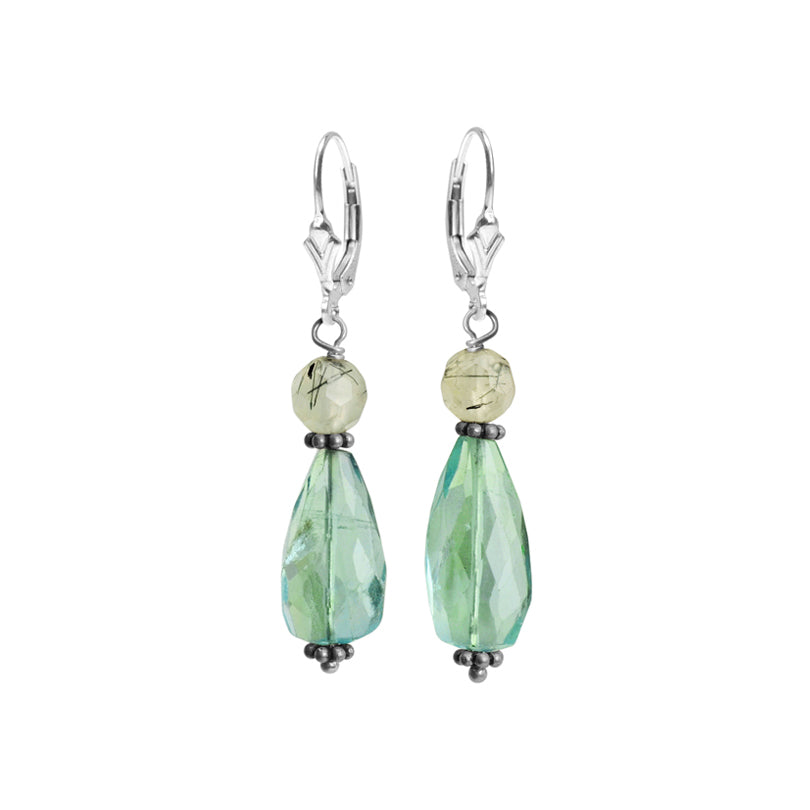 Faceted Fluorite and Prehnite Sterling Silver Earrings