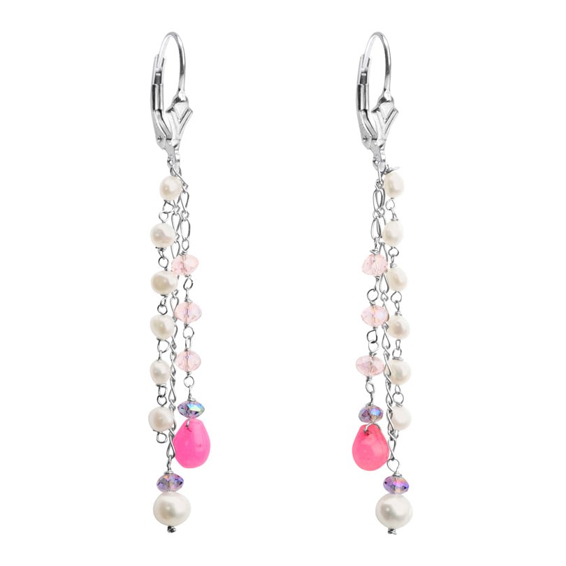 Shimmering Fresh Water Pearl, Agate and Crystal Sterling Silver Earrings