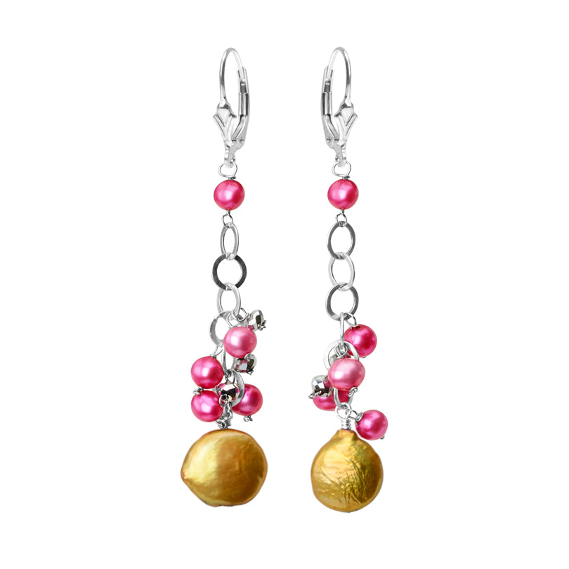 Exquisite Golden Fresh Water Coin Pearl Sterling Silver Statement Earrings