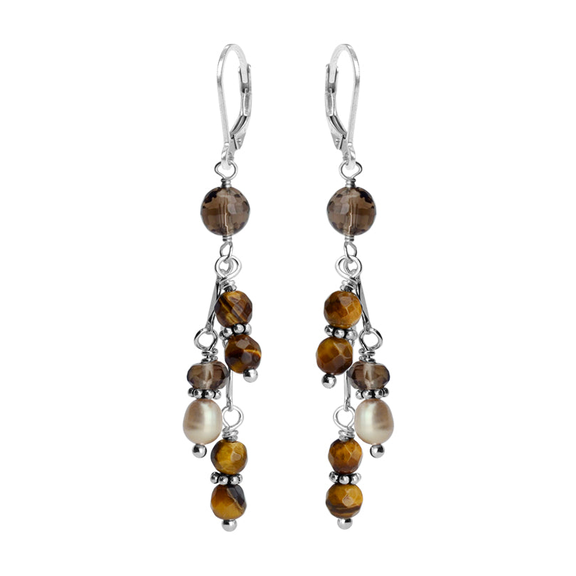 Lovely Tiger's Eye, Smoky Quartz and Pearl Sterling Silver Earrings