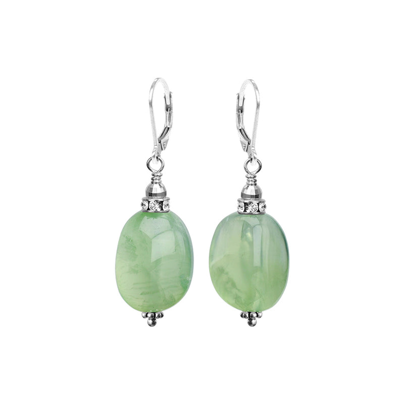 Gorgeous Sea Foam Green Prehnite With Sparkling Crystal Accent Sterling Silver Earrings