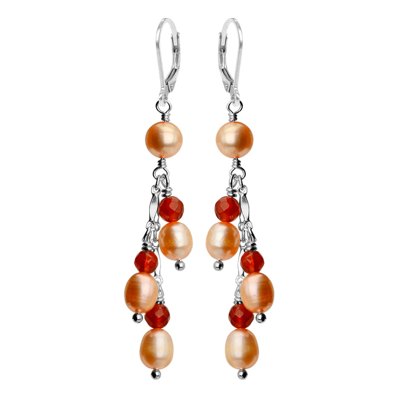 So Pretty! Peach Pearls with Carnelian Accent Sterling Silver Lever Back Earrings