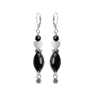 Unique Black Onyx and Jade Hearts Sterling Silver Statement Earrings