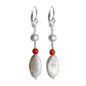 Shimmering Fresh Water Pearl and Coral Sterling Silver Earrings