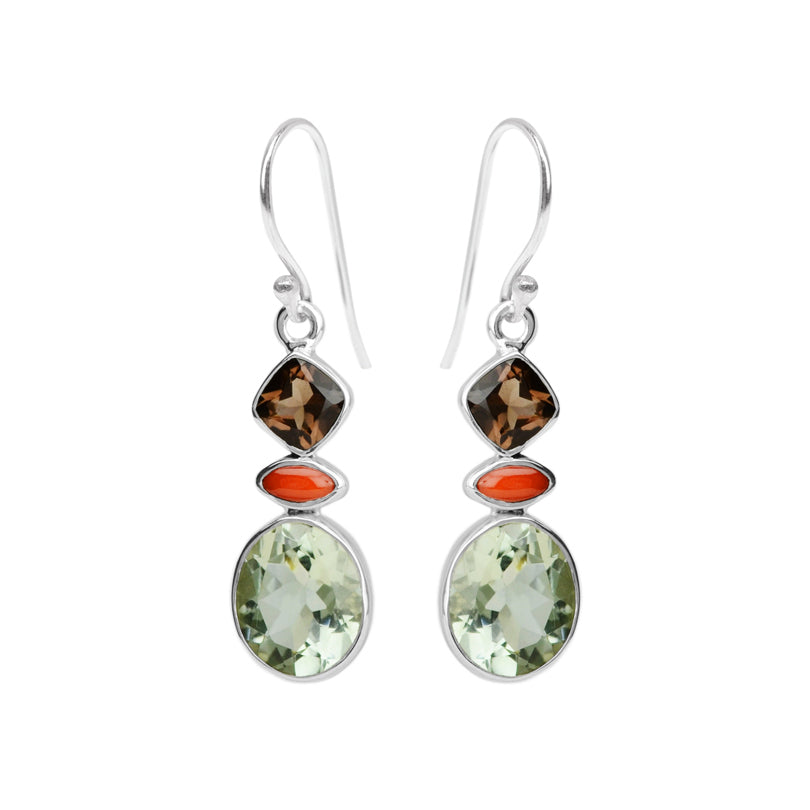 Smoky Quartz, Coral And Green Amethyst Sterling Silver Earrings
