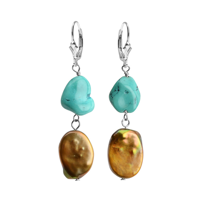Alluring Golden Fresh Water Pearl and Chalk Turquoise Sterling Silver Earrings