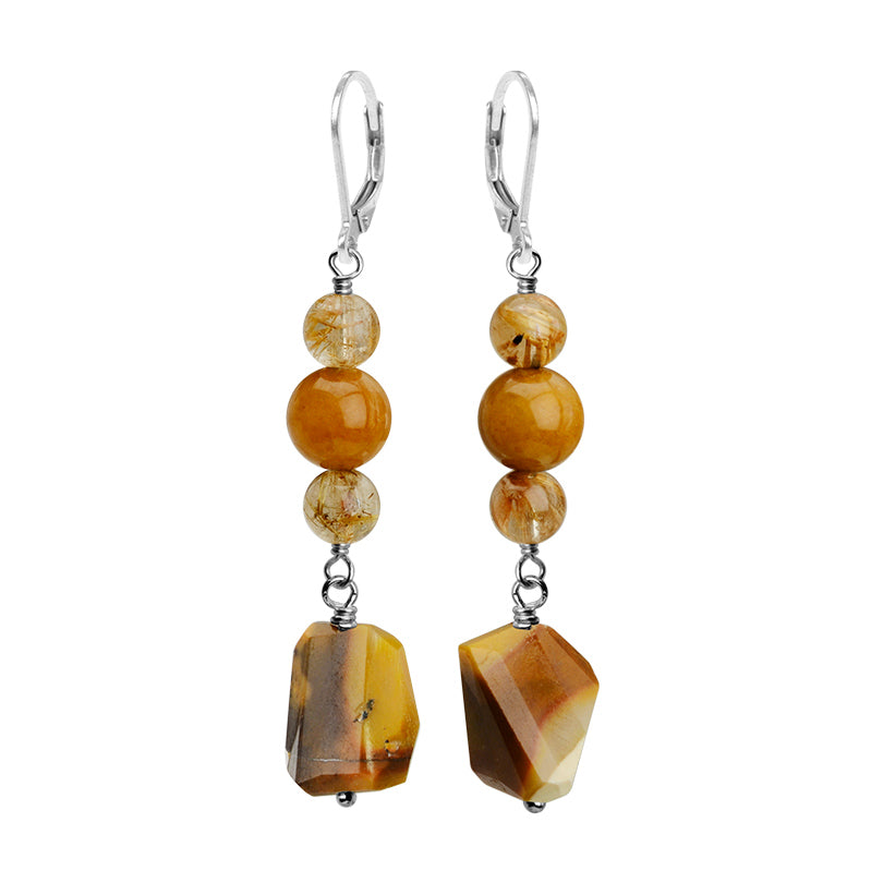 Shimmering Golden Colors of Mookaite and Gold Rutilated Quartz Sterling Silver Earrings