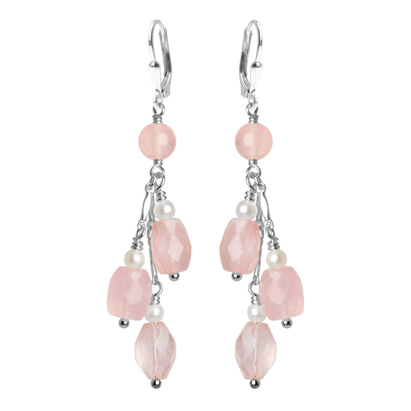 Heavenly Lace Pink Rose Quartz and Shimmering Fresh Water Pearl Sterling Silver Earrings