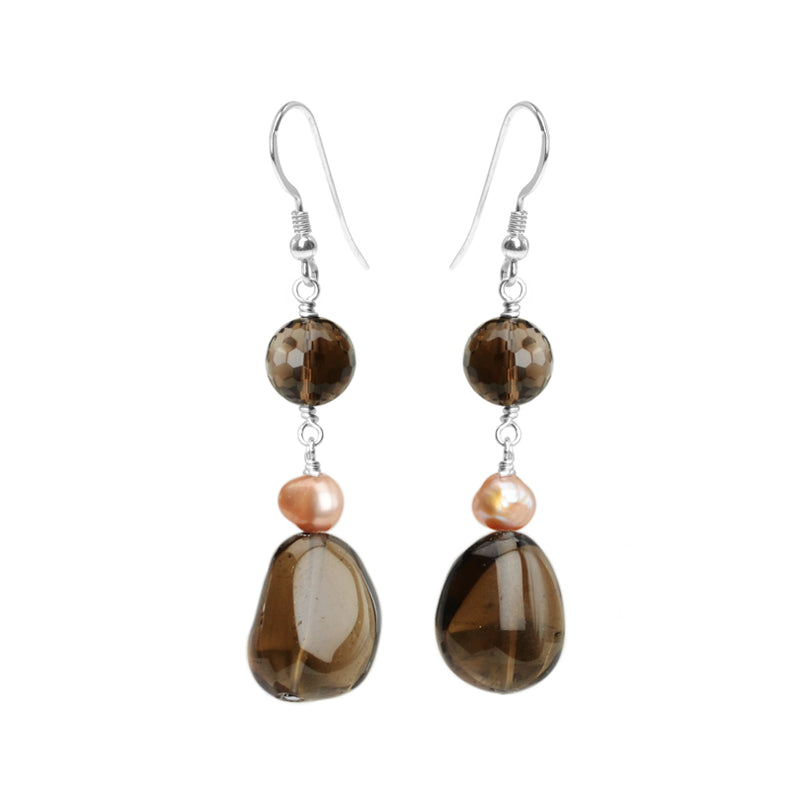 Smoky Quartz and Fresh Water Pearl Sterling Silver Earrings