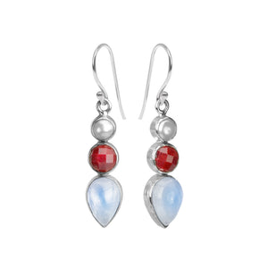 Rainbow Moonstone, Red Corundum and Fresh Water Pearl Sterling Silver Statement Earrings