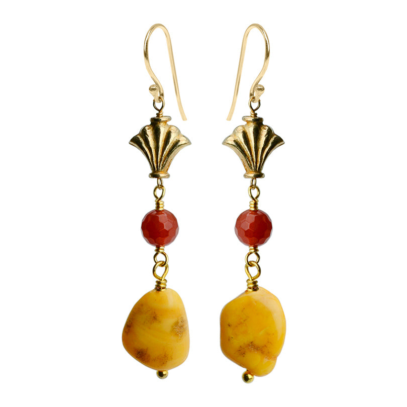 Colorful & Bright Carnelian and Baltic Amber Gold Filled Earrings
