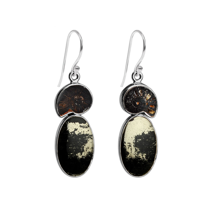 Ancient Fossil Ammonite and Pyrite Sterling Silver Earrings