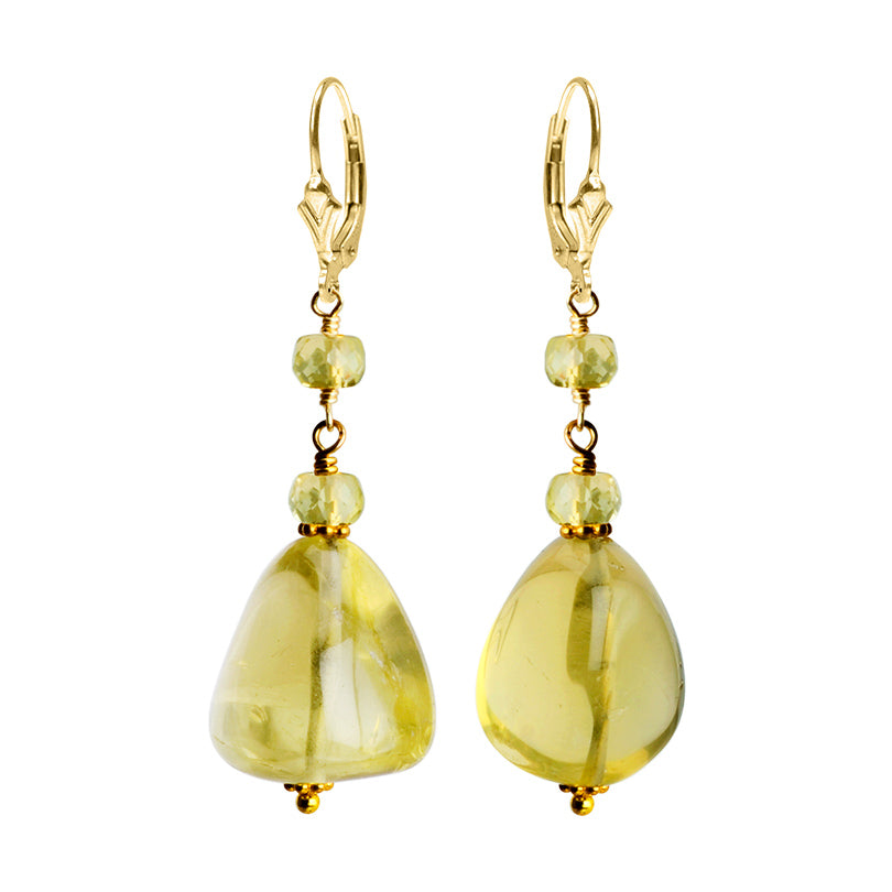 Clear Smooth Bright Lemon Quartz Gold Filled Lever-Back Earrings