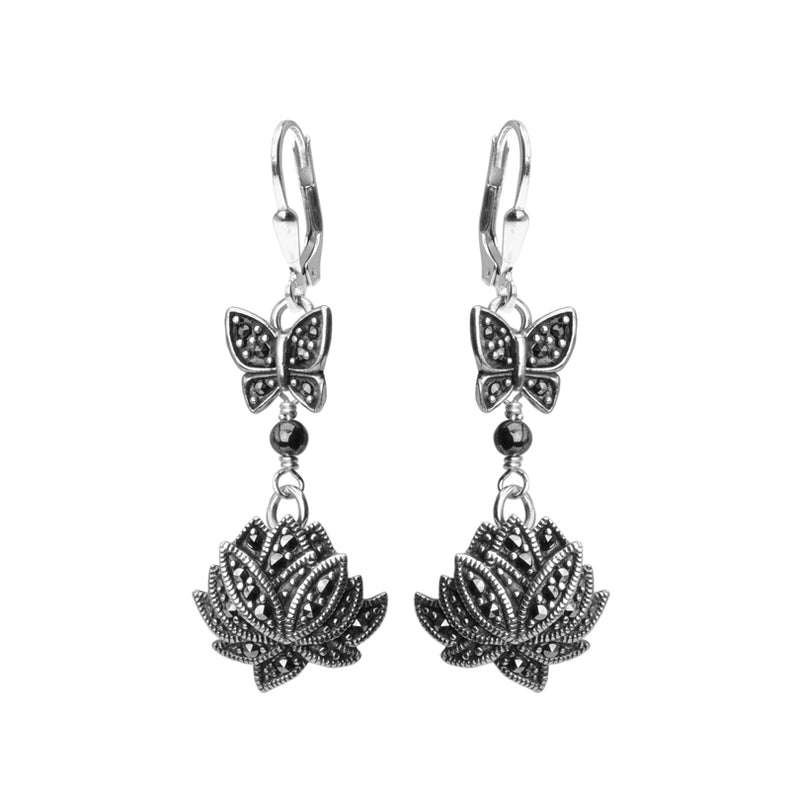 Darling Butterfly & Flower Marcasite Sterling Silver Earrings