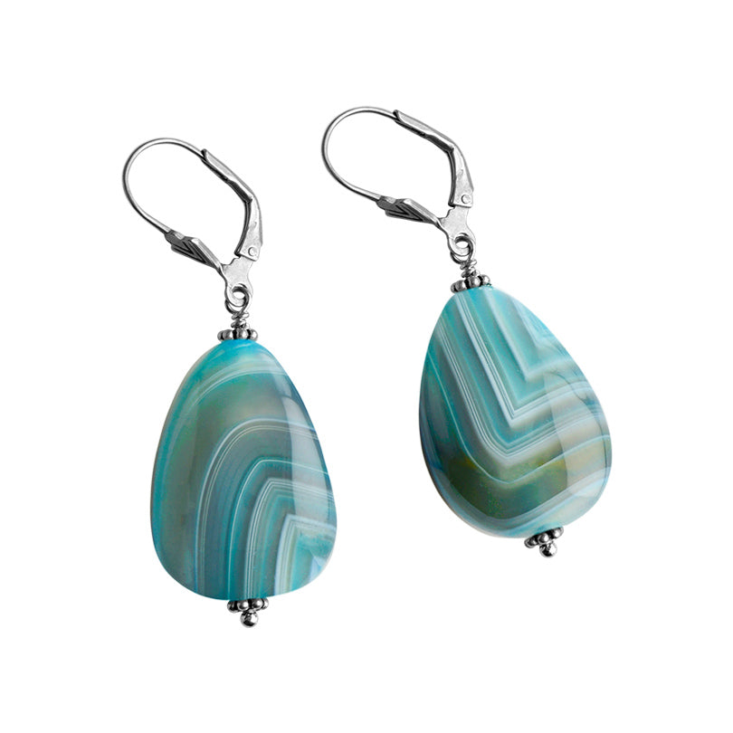 Amazing Striped Blue Agate Sterling Silver Statement Earrings