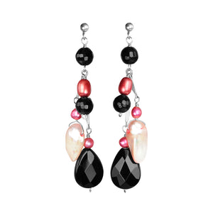 Beautiful Pink Fresh Water Pearl and Black Onyx Sterling Silver Earrings