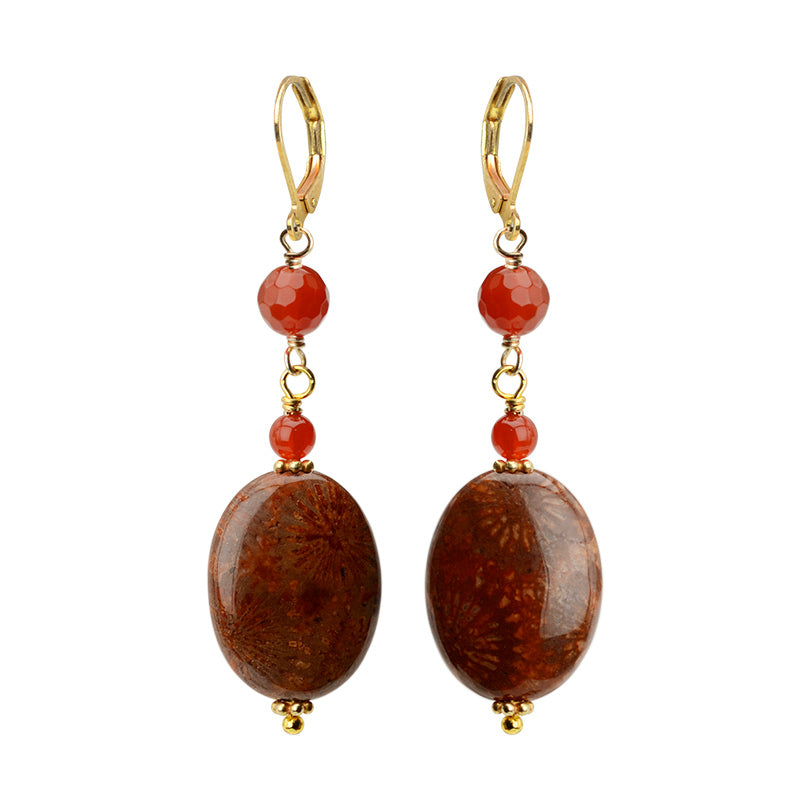 Great Color Fossilized Coral and Carnelian Gold Filled Earrings