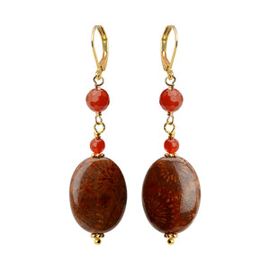 Great Color Fossilized Coral and Carnelian Gold Filled Earrings