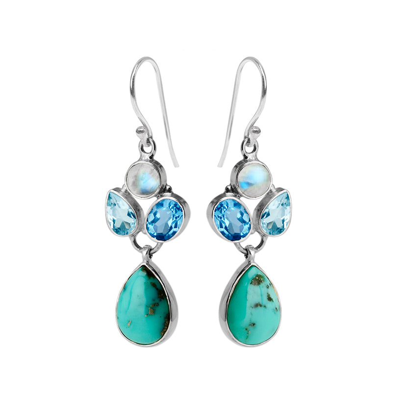 Exquisite Arizona Turquoise, Blue Topaz and Moonstone Sterling Silver Statement Earrings