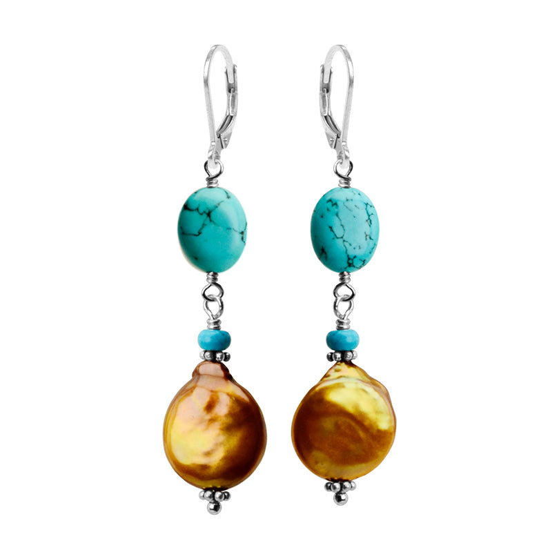 Lovely Blue Chalk Turquoise and Golden Coin Pearl Sterling Silver Earrings