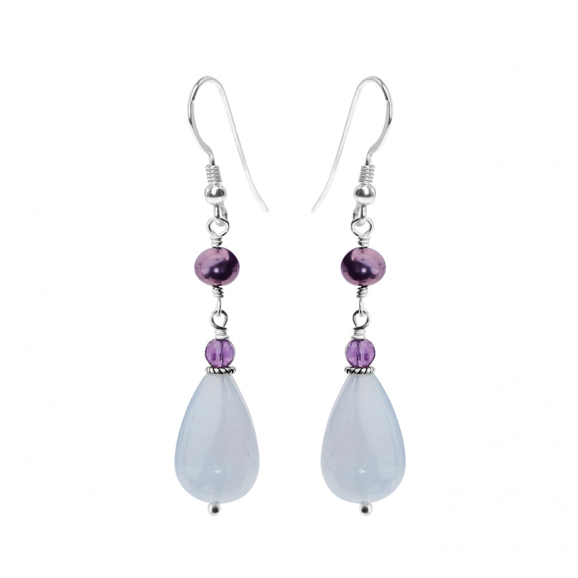 Natural Lavender Chalcedony Drops, Amethyst And Fresh Water Pearl Sterling Silver Earrings