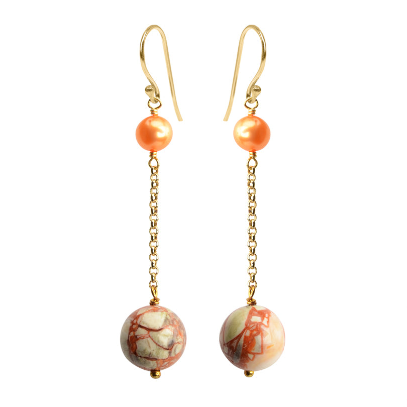 Elegant, Rich Orange Jasper and Fresh Water Pearl Gold Filled Earrings