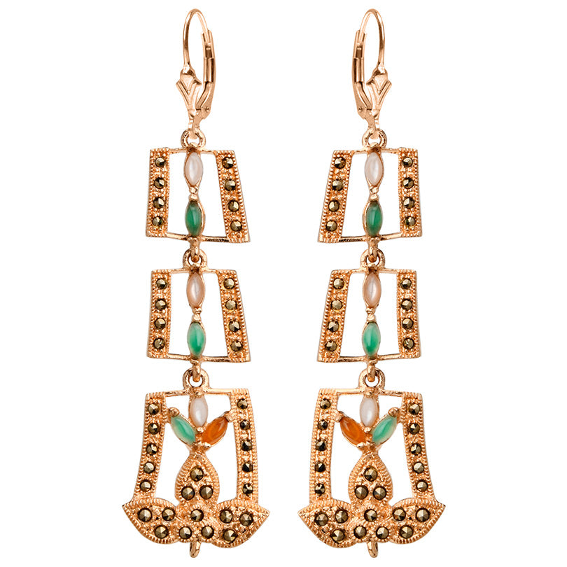 Exquisite Art Noveau Design Colorful Multi Stones and Marcasite Rose Gold Plated Earrings
