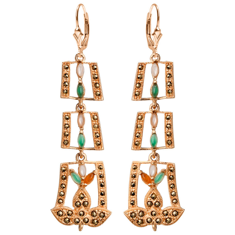 Exquisite Art Noveau Design Colorful Multi Stones and Marcasite Rose Gold Plated Earrings