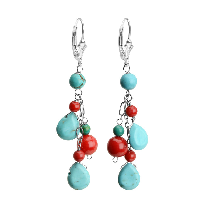 Sassy Turquoise and Coral Sterling Silver Earrings