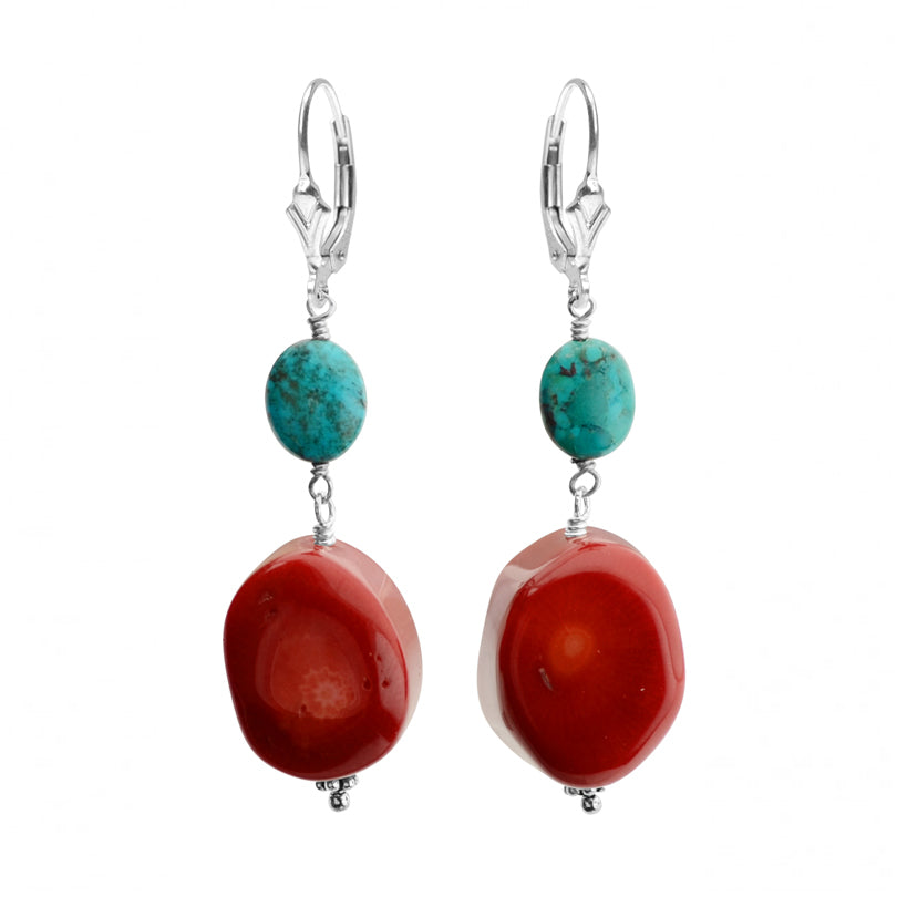 Daring Coral and Turquoise Sterling Silver Earrings