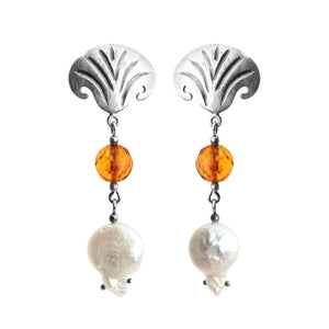 Art Deco Inspired Faceted Baltic Amber and Pearl Sterling Silver Earrings