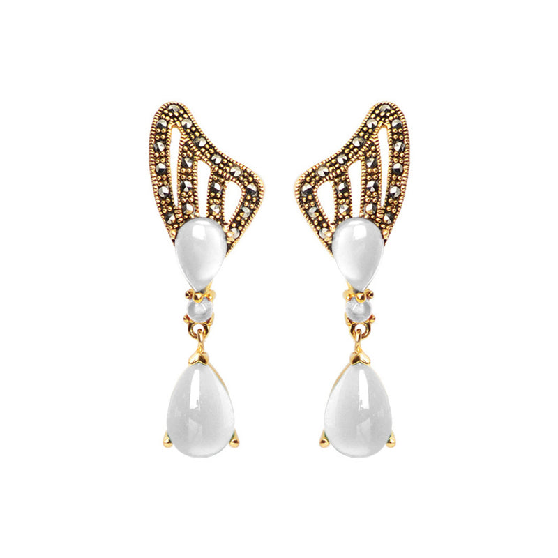 Elegant White Mother of Pearl Marcasite Gold Plated Statement Earrings