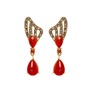 Stunning Rich Carnelian Marcasite Gold Plated Statement Earrings