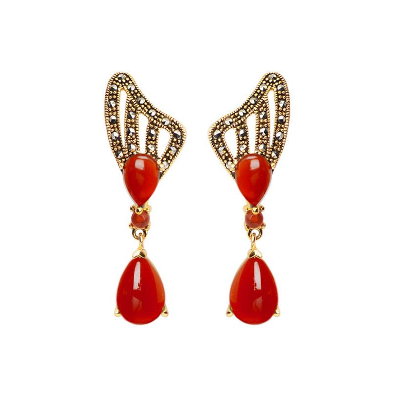 Stunning Rich Carnelian Marcasite Gold Plated Statement Earrings