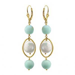 Sky Blue Amazon & Pearl Gold Filled Dangle Earrings
