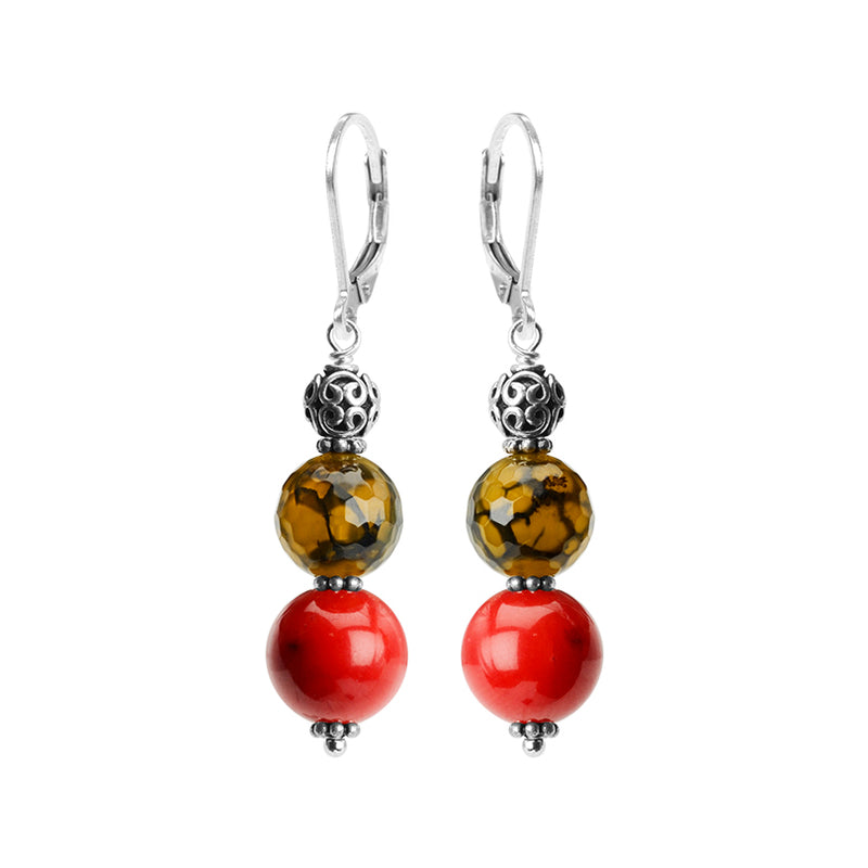 Beautiful Coral and Agate Sterling Silver Earrings