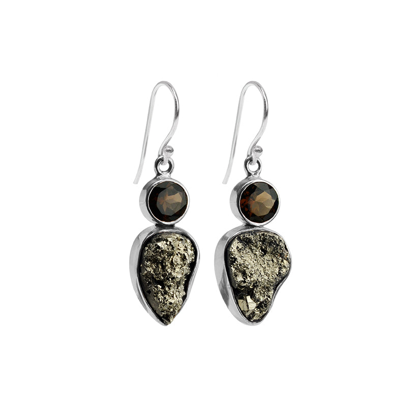 Brilliant Pyrite and Smoky Quartz Sterling Silver Earrings