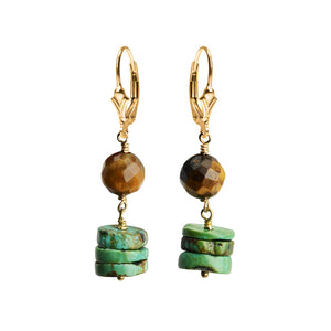 So Cute Tiger's Eye & Turquoise Earrings with Gold Filled Lever Back Hooks