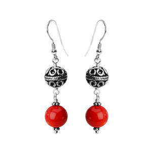 Rich Red Coral with Bali Filigree Design Accents Sterling Silver Statement Earrings